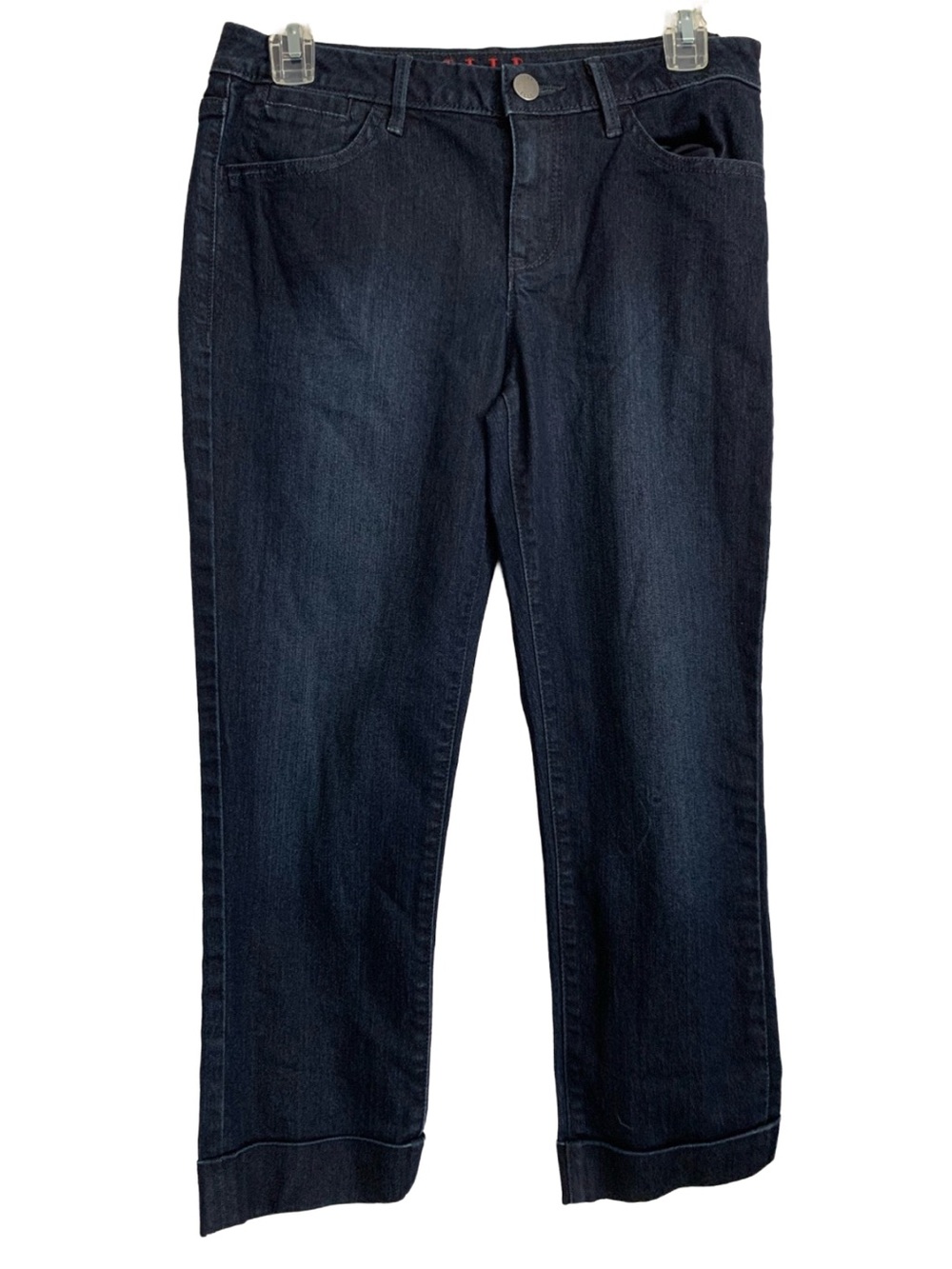 ELLE Women’s Dark Wash Blue Cotton Blend Cropped Cuffed Jeans